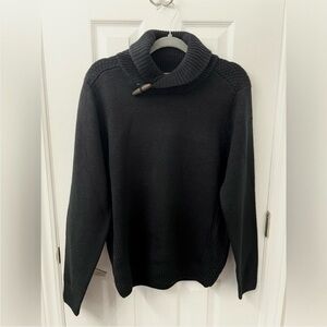 Logan Hill shawl collar sweater with elbow patch detail